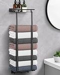 LIVEHITOP Towel Rack, Towel Storage Self Adhesive 81cm Adjustable Pole 41-72CM Stable Wall Mounted Towel Holder Bathroom Black with Shelf Hooks