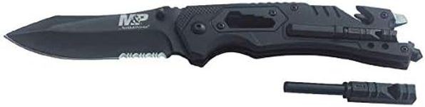 Smith & Wesson M&P 8.5in High Carbon S.S. Spring Assisted Folding Knife with 3.5in Serrated Drop Point Blade and Rubber Handle for Outdoor Survival and EDC,Tan