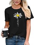 TOPLAZA T Shirts for Women Graphic Short Sleeve Crew Neck Casual Summer Tee Tops Daisy, Black, L