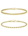 CASSIECA 2Pcs Gold Mens Bracelets Stackable Chain Bracelet for Men Boys Mens Bracelets Stainless Steel Cuban Rope Link Chain Bracelets Set 19CM Gifts for Men Dad Husband Son