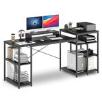 HYPIGO Desk with Printer Space Home Office Desks 69 Inch Computer Desk with Storage Study Table Writing Desk with Shelves and Bookshelf Large Gaming Desk with Monitor Shelf Easy Assemble, Black