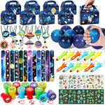 Golray 84pcs Space Party Favors Box Stress Balls Glow In Dark Tattoos Stamp Necklace Keychains Slap Bracelet Toy for Boy Kids Galaxy Birthday Party Supplies Pinata Stuffer Treat Gift Goodie Bag Filler