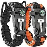 aZengear Paracord Survival Bracelet (2 Pack) | Flint Steel Fire Starter, Compass, Whistle,Hiking Accessories, Wild Camping Equipment Kit, Bushcraft, Emergency (Black and Orange)