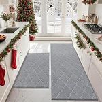 COSY HOMMER 2 Pack Nonslip Kitchen Rug Set, 100% Polyester Absorbent Soft Kitchen Floor Mats Carpet Rug Mat Runners,Machine Washable & Anti-skid TPR Backing, 61x90cm+61x152cm, Grey