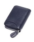 Womens Credit Card Holder Wallet Zip Leather Card Case RFID Blocking Ladies Small Blocked Accordion Wallets with Stainless Steel Zipper Woman Compact Accordian ID Cards Bag Mini Cases Deep Blue