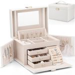 Vlando Jewelry Box Organizer for Girls Women, Large Vintage Jewelry Storage Box with Mirror,Drawers for Bracelets, Earrings, Rings, Necklaces, Mothers Day Difts for Loved One, White