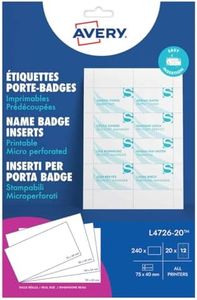 Avery L4726-20 Printable Name Badge Insert Refills (75 x 40 mm Inserts, Pack of 240) - White