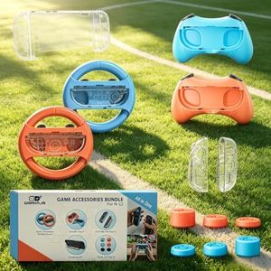 13 in 1 Sports Accessories Bundle for Nintendo Switch 2 ,Family Accessories Kit for Nintendo switch 2 2025 with Steering Wheels,Controller Grips,Thumb Caps,Left Right Tpu Case,Console Case Grip(A)