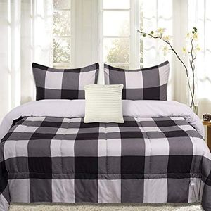 Sweet Home Collection Comforter Set 4 Piece Buffalo Check Plaid Design Soft and Luxurious All Season Down Alternative Reversible Bedding-2 Shams & Throw Pillow,Full/Queen,Black/Light Gray (Pack of 3)