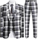 YFFUSHI Men's Plaid Tweed 3 Piece Suit Slim Fit Button Dinner Suit Tuxedo Grey Black