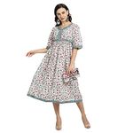 githaan Women's Floral Printed Fit & Flare Cotton Maxi Dress White
