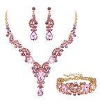 EVER FAITH Rhinestone Crystal Bridal Party Art Deco Floral Wave Teardrop Necklace Earrings Bracelet Jewelry Set Pink Gold-Tone