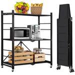 ABOUT SPACE Foldable Kitchen Storage Rack - 3 Tier Space Saving Metal Stand with Caster Wheels - Crockery Unit-Multifunctional Movable Microwave Stand Trolley-Upto 90kg (Black - L 75 x B 36 x H 85 cm)