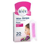 Veet Face Precision Wax Strips with Easy Grip for Normal Skin with Shea Butter & Berry Fragrance, 20 Strips