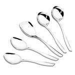 Axiom Serving Spoons Stainless Steel 5 Piece Heavy Gauge Non-Stick Set of 2 Soup Ladle (Karchi), 2 Solid Spoon (Chamcha) and 1 Rice Spoon for Serving Soup/Curry/Dal/Rice/Pasta - 27 Cm