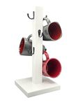 Wooden Coffee Mug Holder - Farmhouse Mug Rack for Counter - Farmhouse Coffee Cup Rack - Holds Up to 6 Coffee Cups (White, 6 Black Hooks)