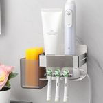 ALOCEO Electric Toothbrush Holder Wall Mounted, Stainless Steel Toothbrush Holders for Bathroom with 2 Hanging Hooks, Silver