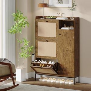 3 Tier Shoe Cabinet with Natural Rattan Flip Drawers for Entryway, Free Standing Shoe Storage Organizer with Adjustable Shelves, Narrow Shoe Rack for Hallway, Living Room, Easy Assembly, Wood Grain
