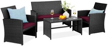 Best Choice Products 4-Piece Outdoor Wicker Patio Conversation Furniture Set for Backyard w/Coffee Table, Seat Cushions - Black/Deep Burgundy
