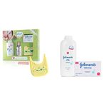 Johnson & Johnson Baby Care Collection Baby Gift Set with Organic Cotton Bib & Baby Comb (5 Piece) & Johnson's Baby Powder Green 400 Gram with Free Soap 100 Gram