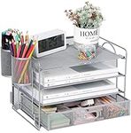 4-Trays Desktop File Organizer, Mesh Office Desk Supplies Organizer Document Letter Tray Holder with Drawer for Office Home(2 Pen Holder)