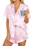 Hotouch Pajamas for Women Satin Soft Striped Button Pj Sets Two Piece Collared Matching Silk Pajama Set Plus Size, Pink L