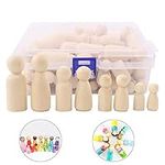 Wooden Peg Dolls Unfinished People,50 Pieces Wooden Decorative DIY Doll People Shapes Nature Wooden for Kids Painting, Craft Art Projects, Peg Game, Decoration Toy,Storage Case in Assorted Sizes