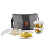 CELLO Glassy Square Lunch Box with Jacket For Office, Transparent | 2 x 320ml, 2 x 240ml Glass Containers, Microwave Safe Leadfree Toughened Glass, Airtight Leakproof Tiffin Box For Daily Use & Travel