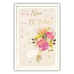 Nan 80th Birthday Card - Age 80 - Floral Bouquet and Dragonflies - Special Finishes and Illustrated Insert Leaf - Made in the UK