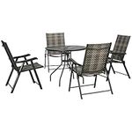 Outsunny 5 Pieces Wicker Patio Dining Set, Φ31.5 Round Glass Top Garden Dining Table with Umbrella Hole, Outdoor PE Rattan Folding Armchair for Outdoors, Camping, Mixed Gray