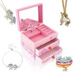 Agitation Kids Unicorn/Castle/Princess Wooden Musical Jewelry Box for Girls with Matching Jewelry Set (C-Pink Unicorn7)