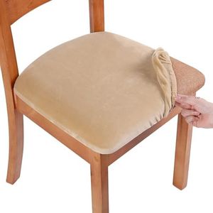 Smiry Velvet Seat Covers for Dining Room Chair Set of 8, Stretch Fit Removable Washable Chair Seat Cushion Protector Slipcovers with Ties, Beige