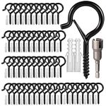 Hooks for Outdoor String Lights, Ceiling Screw Hooks with Wing Nut Driver for Hanging Plants Led Party Christmas Lights Garage Wind Chimes, Black Q Hanger Cup Hooks with Safety Buckle Design, 52 Pack