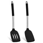 Herogo Silicone Spatula, Stainless Steel Kitchen Spatula Pack of 2, Non-Stick Slotted & Solid Spatula Turner Set for Cooking/Frying, Ideal for Pancakes, Egg, Easy to Clean & Dishwasher Safe - Black