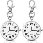 2 Pieces Quartz Pocket Watch with Key Buckle Round Pocket Watch Keychain Watch Portable Unisex Watch (Silver)