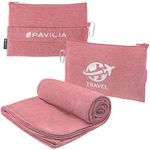 PAVILIA Soft Compact Travel Blanket and Pillow, Foldable Airplane Blanket in Bag, Lightweight Portable Flight Blanket Set with Luggage Strap, Camping Plane Car Home Office Gift Accessories, Pink