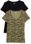 Amazon Essentials Women's 2-Pack Classic-Fit Short-Sleeve Scoopneck T-Shirt, Green Camo Print/Black, X-Small