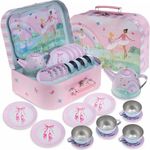 Jewelkeeper 15 Piece Kids Party Tin Tea Set for Toddlers - Girls Pretend Toy Tin Tea Set and Carrying Case - Ballerina tea set for kids - childs tea sets for age 2