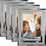 4 Pack 6 x 4 Inches Glass Photo Frames Crystal Glitter Mirrored Picture Frames Tabletop Display Portrait Landscape Frames Gifts - Silver