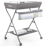 Maydolly Baby Changing Table with Wheels, Portable Adjustable Height Folding Diaper Station with Nursery Organizer & Storage Rack for Newborn Baby and Infant(lightgrey)