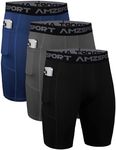 AMZSPORT 3 Pack Men's Compression Shorts with Phone Pocket, Cool Dry Spandex Athletic Running Gym Base Layer Underwear, BLACK GREY BLUE, XL