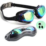 PRIME DEALS Mirrored Wide-Vision Swim Goggles Pro Clear Lens & Swimming Goggles with UV and Anti Fog Protection for Adult Men Women with Free Protective Case, Nose Clip, Ear Plugs (Aqua Black)