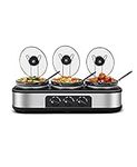 Triple Slow Cooker with Lid Rests, Breakfast Buffet Servers and Warmers with 3 X 1.5Qt, Tempered glass lids & 3 Adjustable Temp, Dishwasher Safe, Stainless Steel