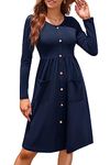 OUGES Women's Long Sleeve Winter Dress Casual A-line Midi Spring Fall Dresses with Pockets(Navy,L)