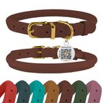 BRONZEDOG Rolled Leather Dog Collar Durable Round Rope Collars for Small Medium Large Dogs Puppy Cat Burgundy Mustard Dark Blue Light Brown (16-18 Inch, Cognac)