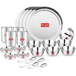 Parage 24 Pieces Heavy Gauge Sanskriti Dinner Set/Buffet Set/Dinnerware for Home/Steel Bartan Set for Kitchen (4 Full Plate, 8 Bowl, 4 Dish Bowl, 4 Glass, 4 Spoon, Silver, Serves 4)