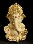 Sawcart Gold Plated Terracotta Ganesh Statue Puja Idol Figurine Sculpture Ganesha/Ganpati Hindu God of Success, Prosperity, Good Luck for Car Dashboard, Temple & Home Décor Gift 3.5” (Off White)