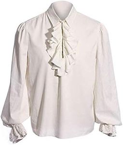 Mens Pirate Medieval Shirts Ruffle Steampunk Gothic Costume Cosplay Renaissance Victorian Tee Viking Tops, 01 White, Medium