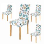 House of Quirk Polyester Spandex Printed Chair Cover Stretch Removable Washable Short Dining Chair Cover Protector Seat Slipcover (White Blue Yellow, Pack of 4)