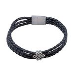 FOURSEVEN® 925 Sterling Silver Eternity Knot Story Bead with Black Triple Layer Faux Leather Magnetic Clasp Bracelet - Medium-to-Large for Men and Women Valentines Day Gifts